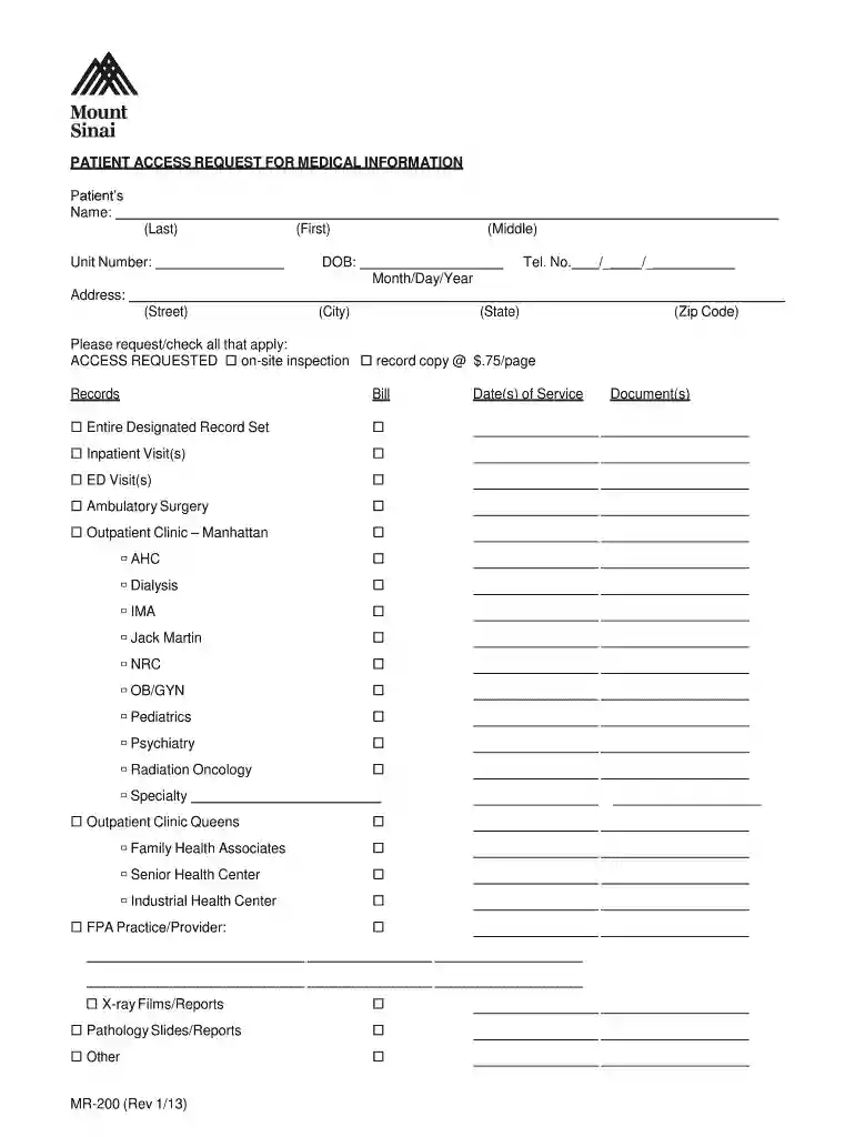 mountsinai patient access request 2004 form Preview on Page 1