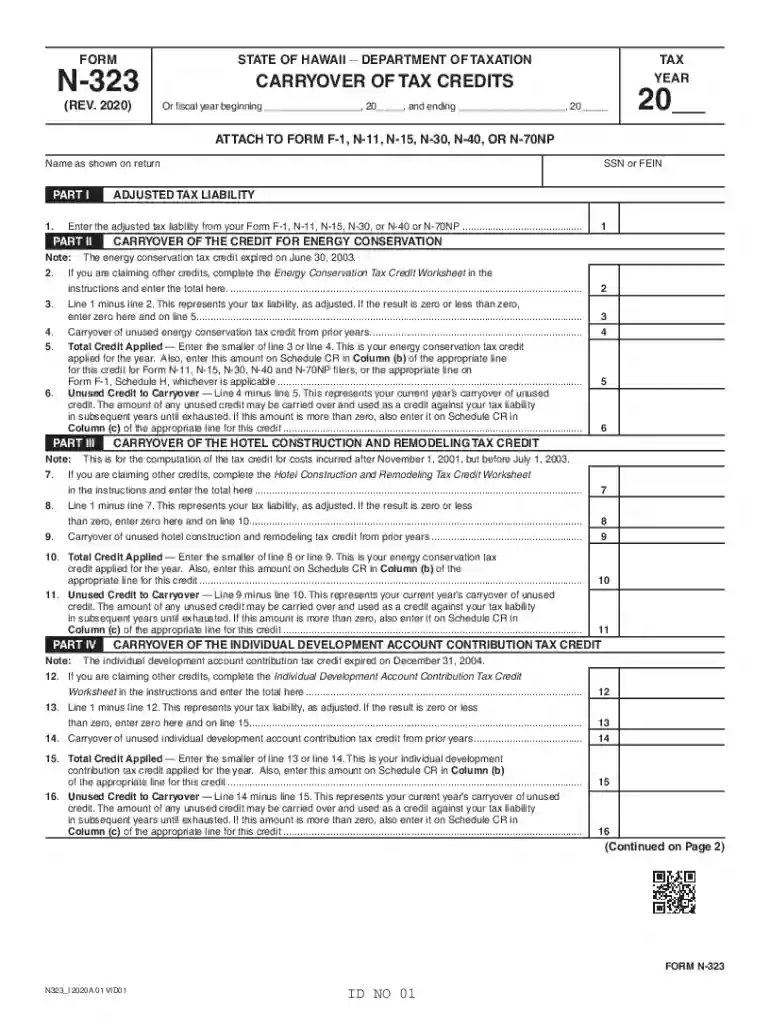 Form N-323, Rev. 2020, Carryover of Tax Credits - Hawaii.gov Preview on Page 1