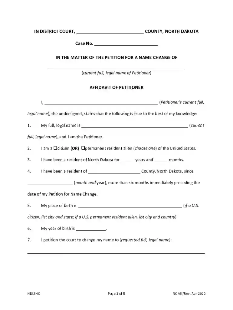 Affidavit for Name Change - Legal Services of North Dakota Preview on Page 1