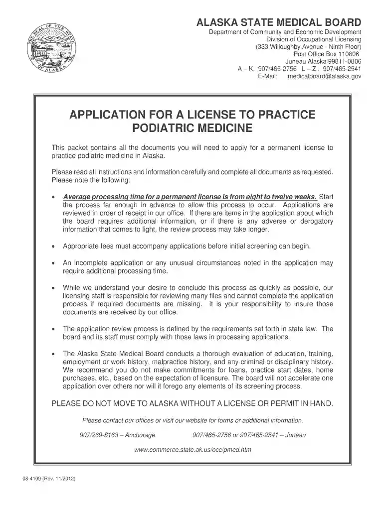 alaska application for a license to practice podiatric medicine 2012 form Preview on Page 1