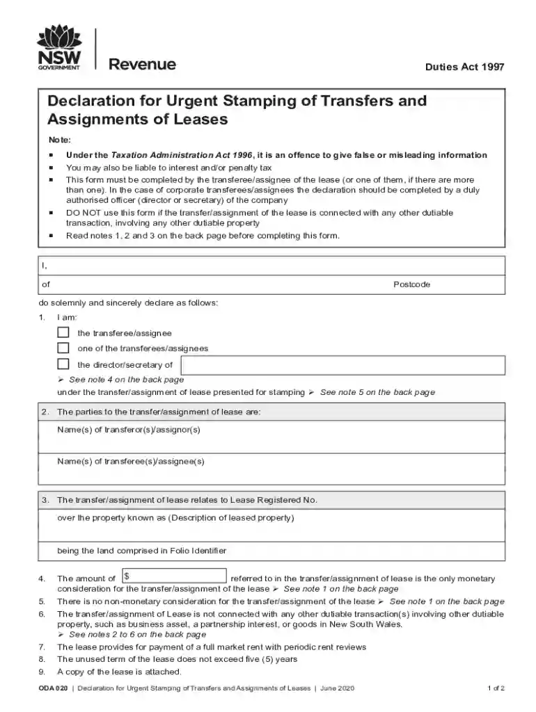Declaration for Urgent Stamping of Transfers and Assignments of Leases Preview on Page 1