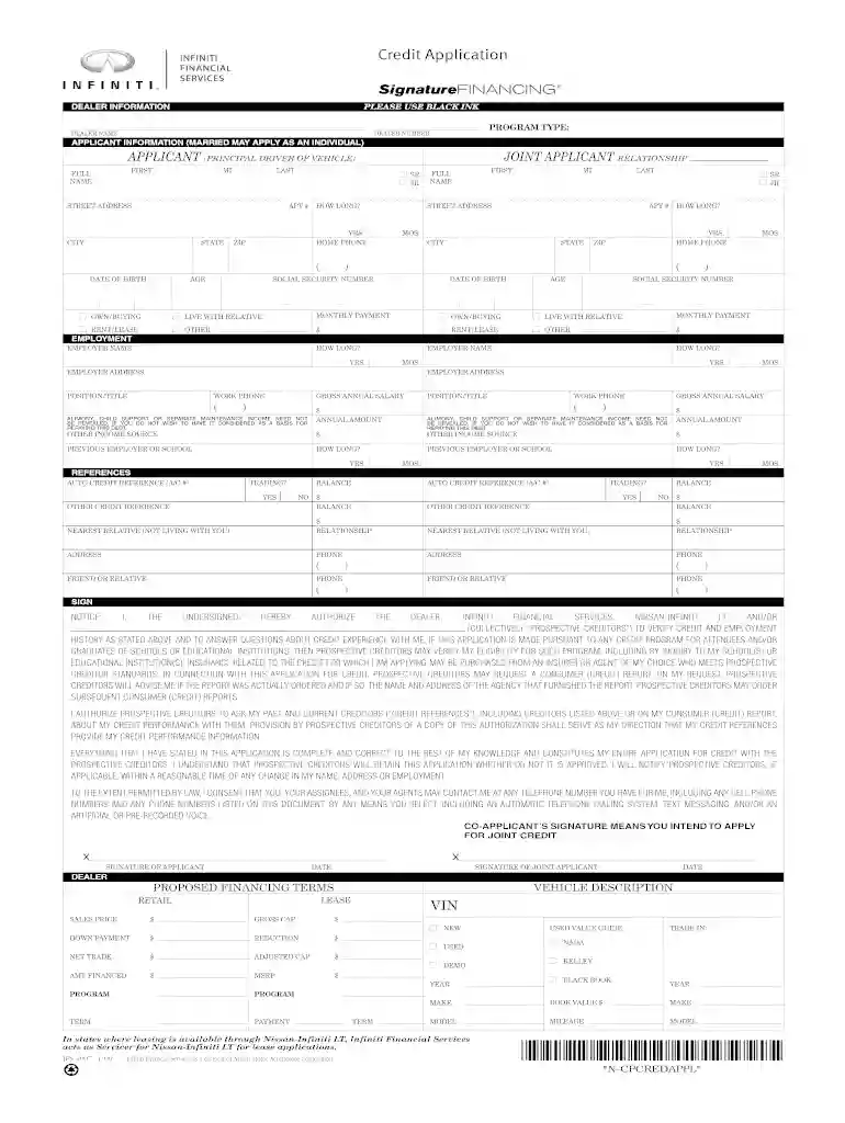 infiniti business credit application Preview on Page 1