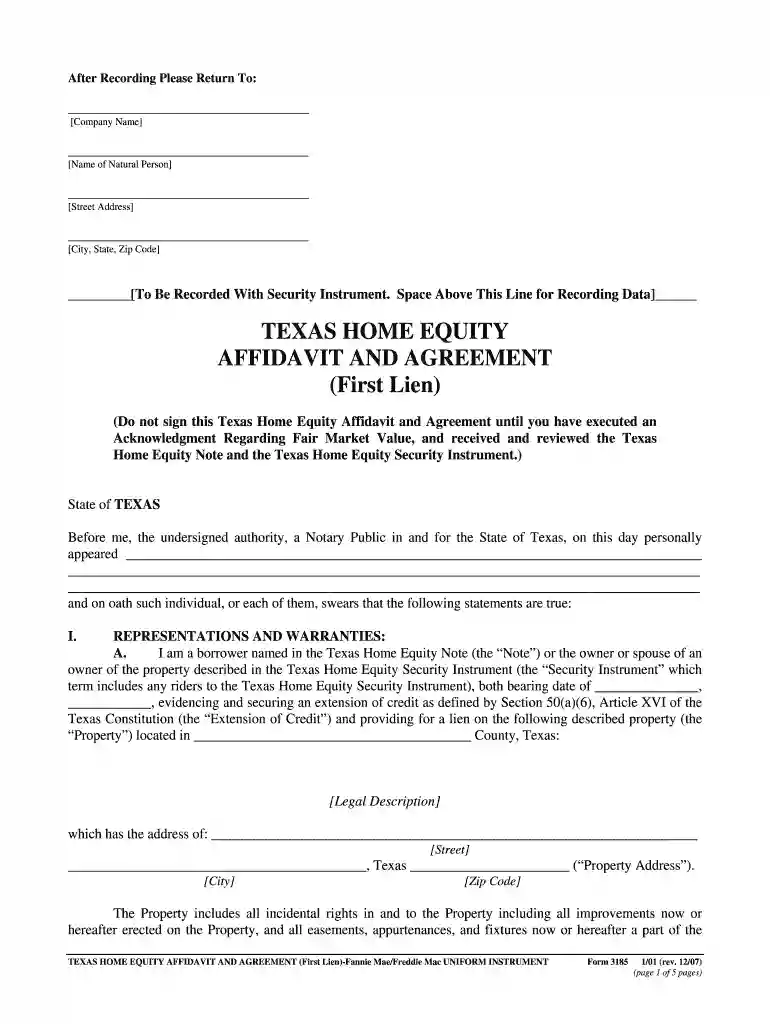 texas home equity affidavit and agreement Preview on Page 1
