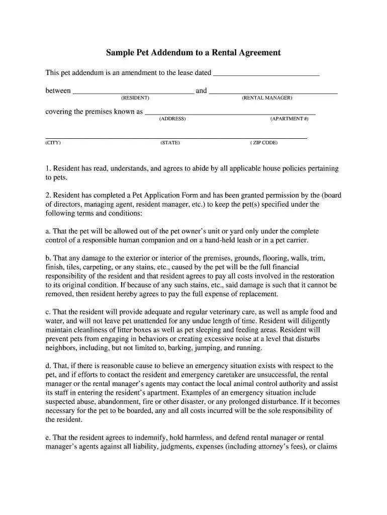 free pet addendum for lease Preview on Page 1