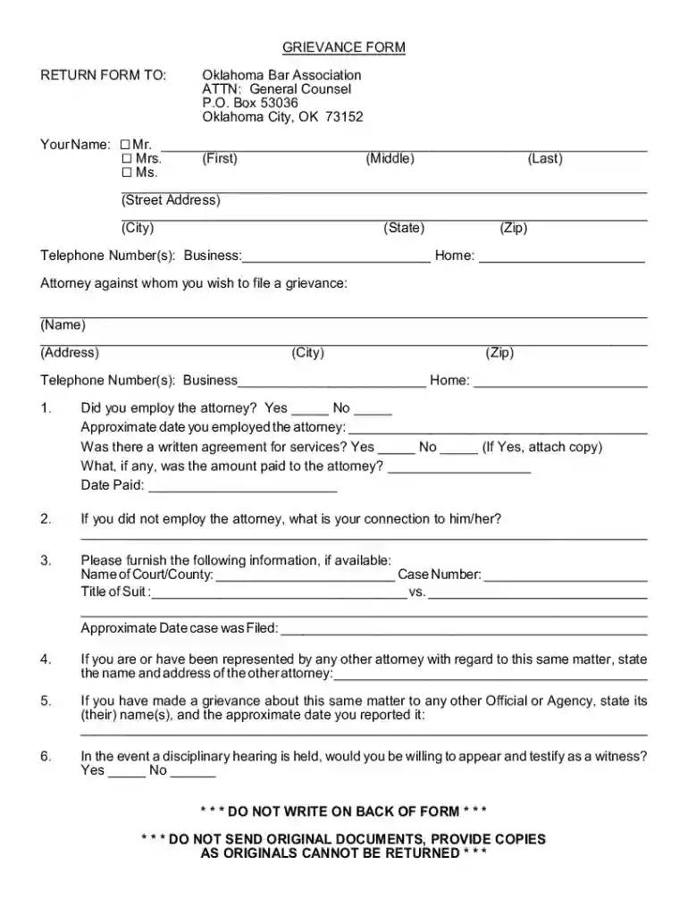oklahoma grievance form Preview on Page 1