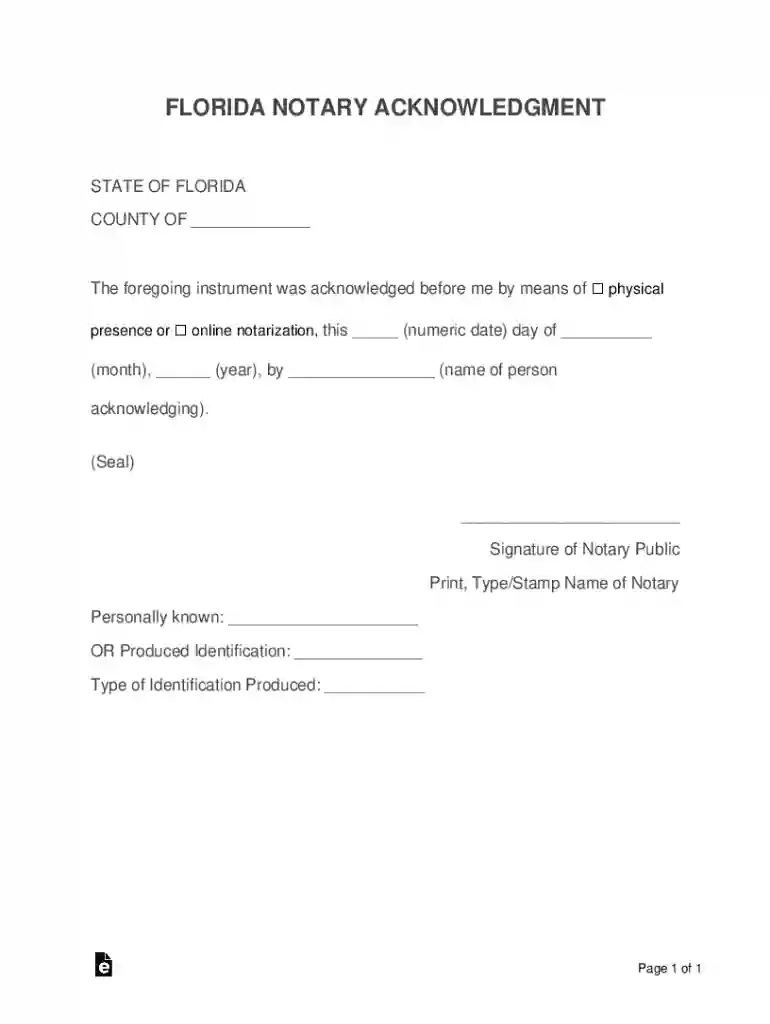 florida notary acknowledgement form pdf Preview on Page 1