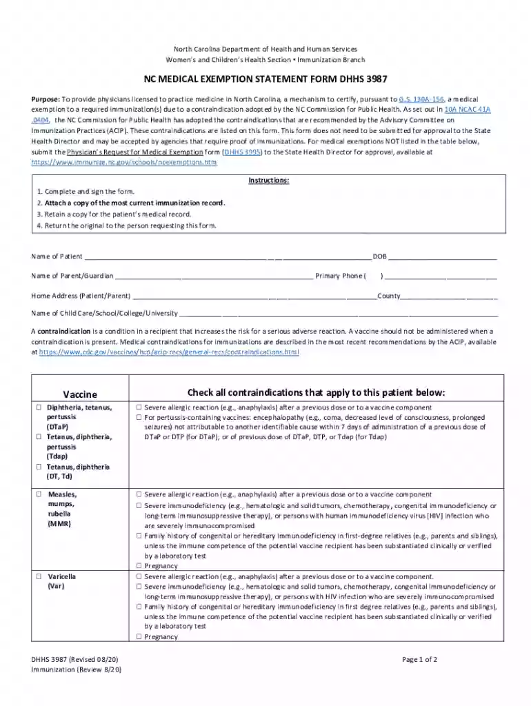 NC MEDICAL EXEMPTION STATEMENT FORM DHHS 3987 ... Preview on Page 1