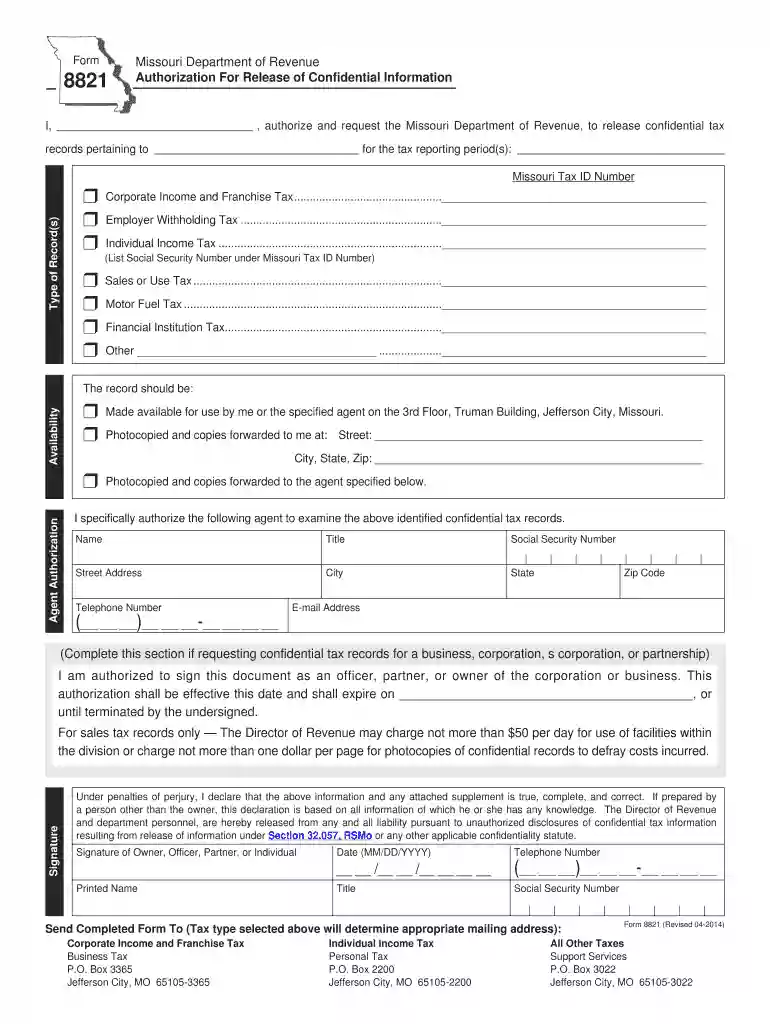 missouri form 8821 authorization for release of confidential information Preview on Page 1
