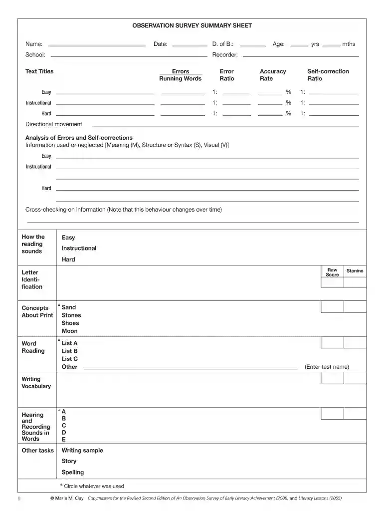 marie clay observation survey forms pdf Preview on Page 1