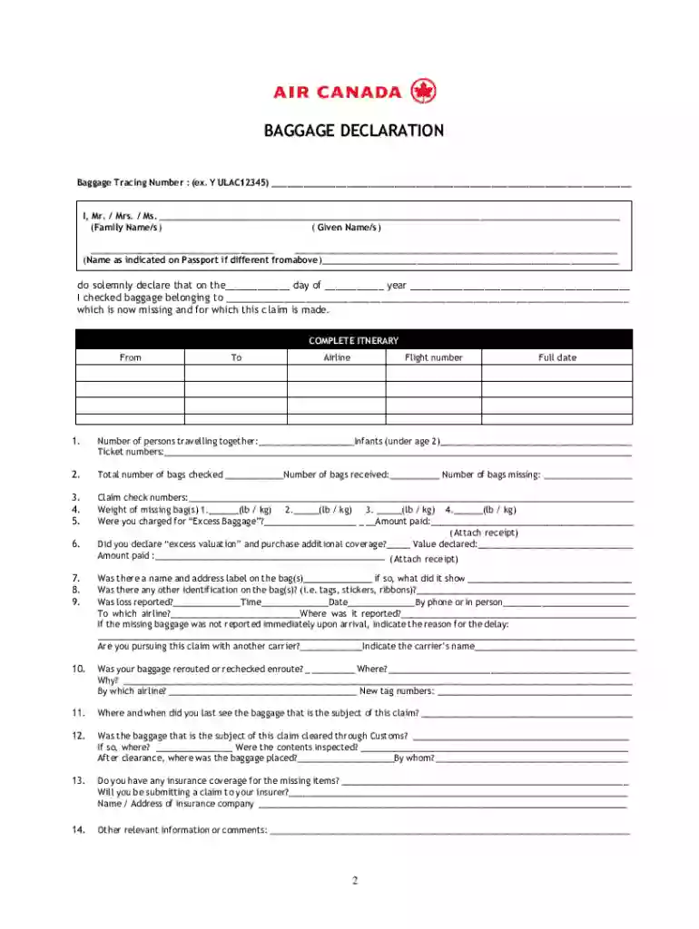 air canada lost baggage claim form Preview on Page 1