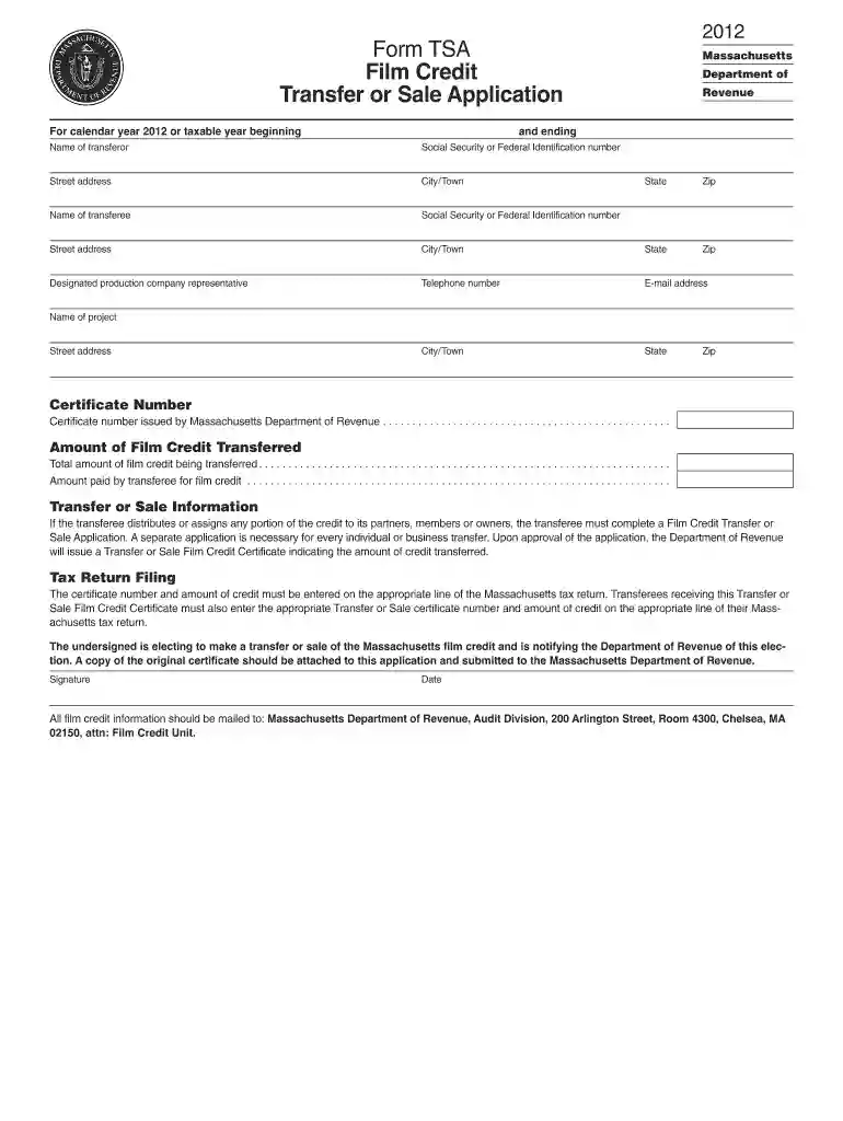 ma film credit transfer or sale application 2012 form Preview on Page 1