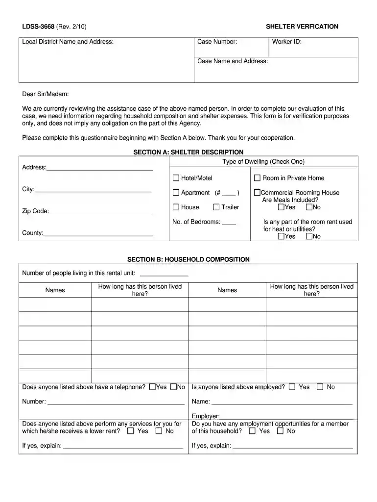 shelter verification form Preview on Page 1