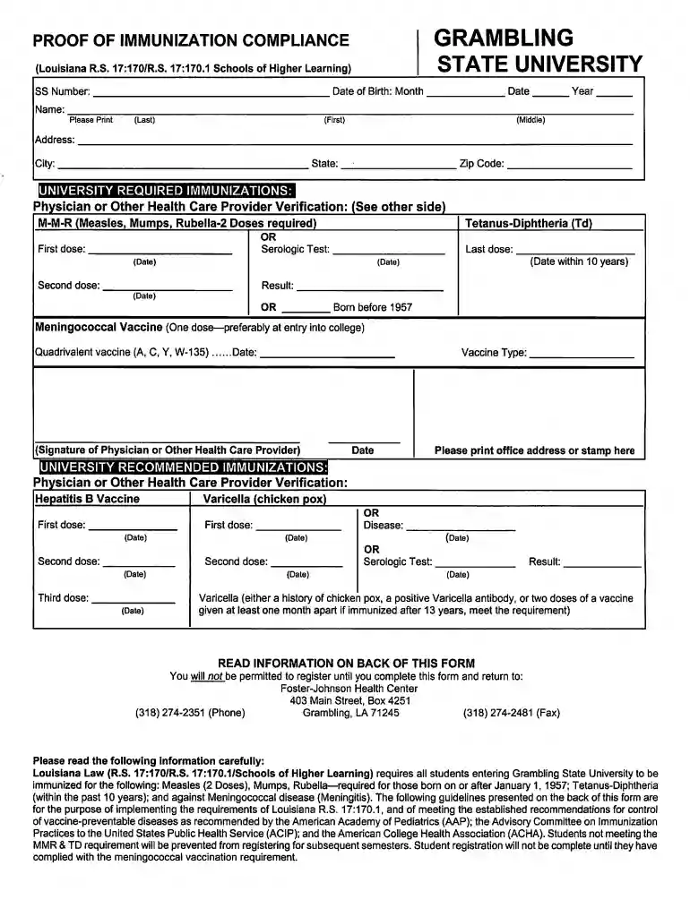 grambling immunization fax number 2009 form Preview on Page 1