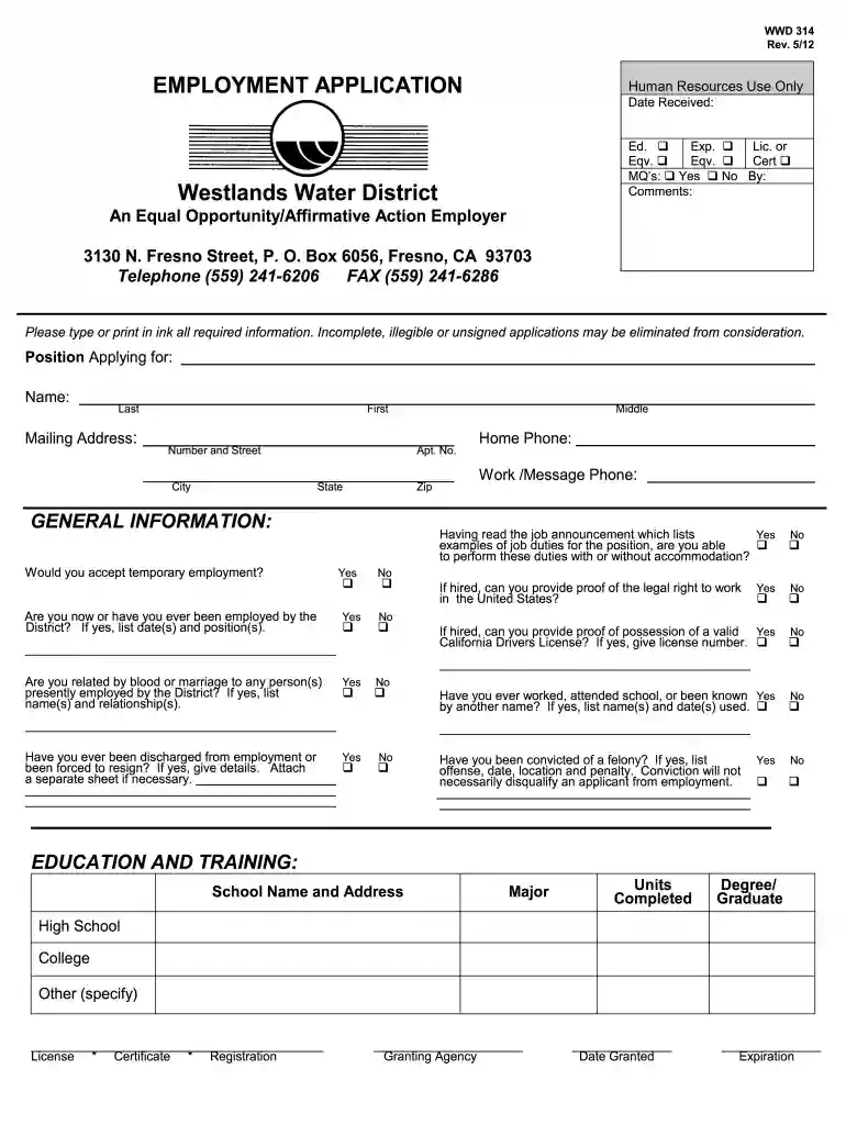 EMPLOYMENT APPLICATION Westlands Water District - westlandswater Preview on Page 1