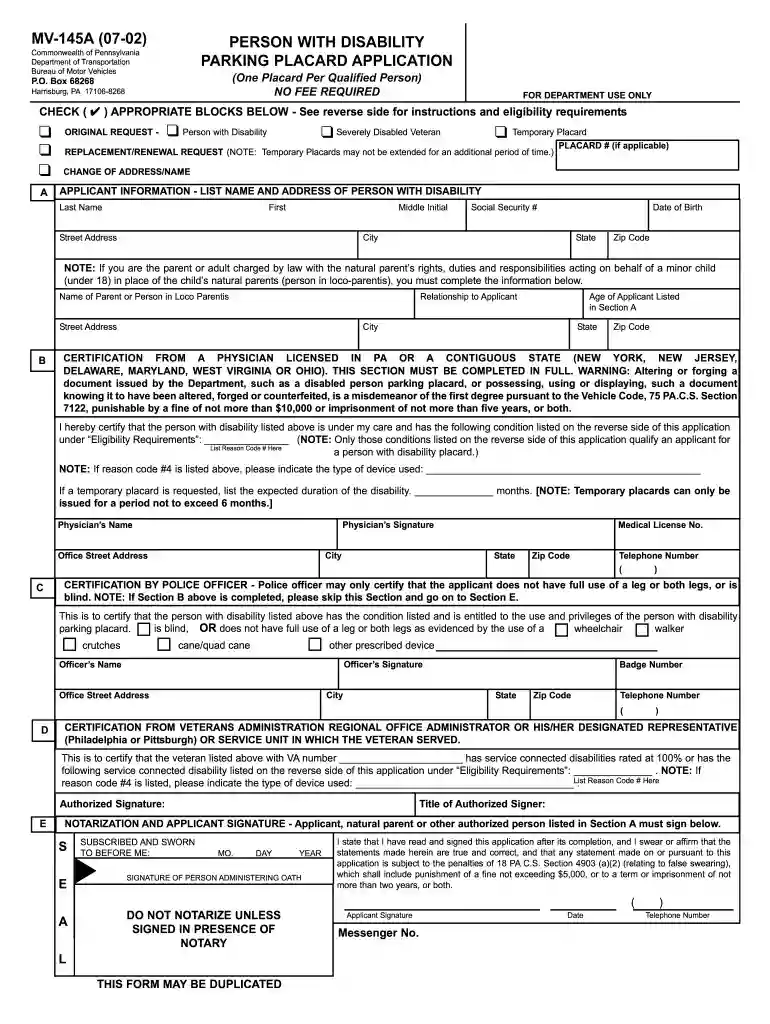 handicap parking form pennsylvania Preview on Page 1