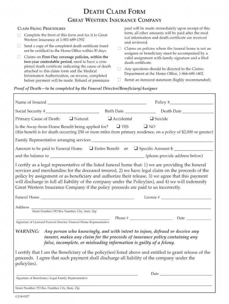 great western insurance claim form Preview on Page 1