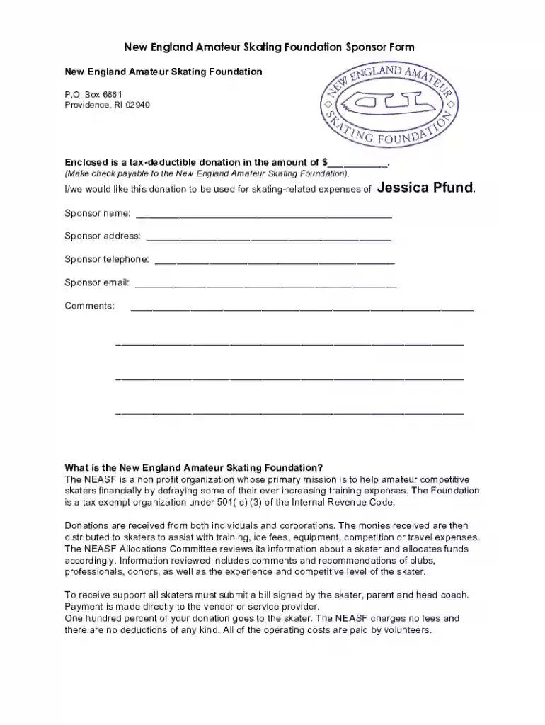 New England Amateur Skating Foundation Sponsor Form Preview on Page 1