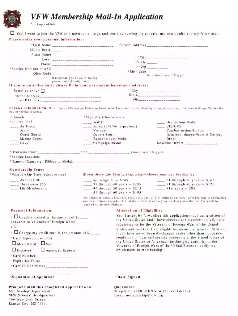 vfw printable application Preview on Page 1