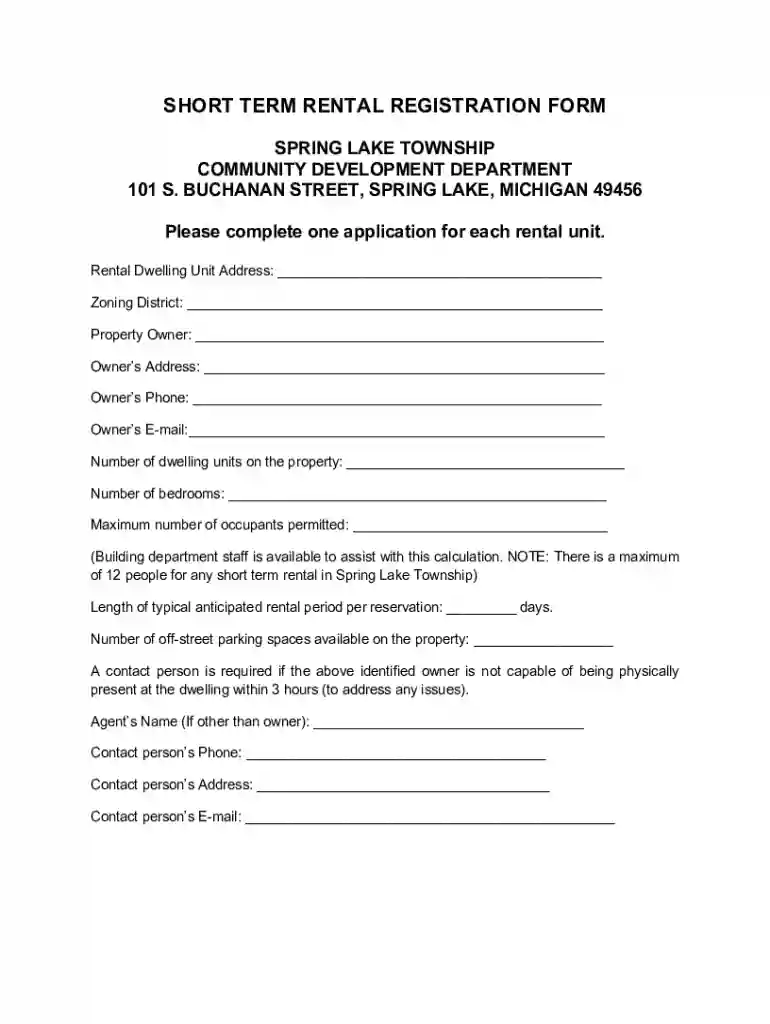 RENTAL REGISTRATION FORM - Spring Lake Township, Michigan Preview on Page 1