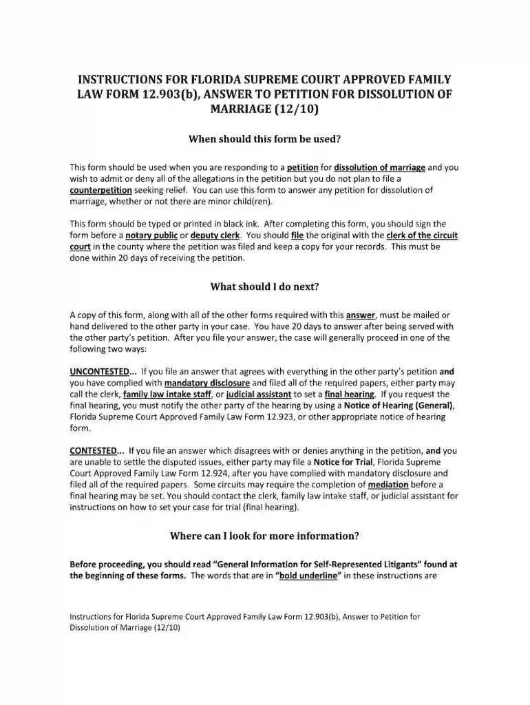 florida supreme court approved family law form 12903banswer to petion for dissolution of marriage 1210 Preview on Page 1