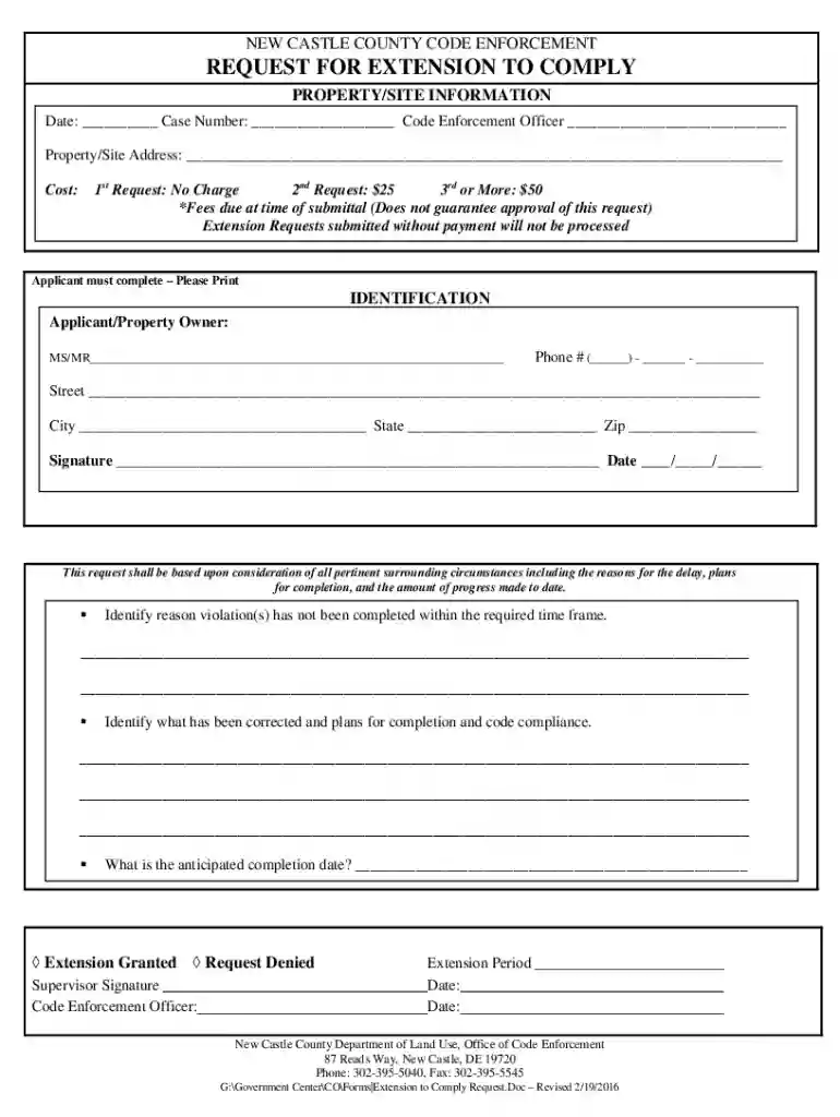 NEW CASTLE COUNTY CODE ENFORCEMENT REQUEST FOR EXTENSION Preview on Page 1