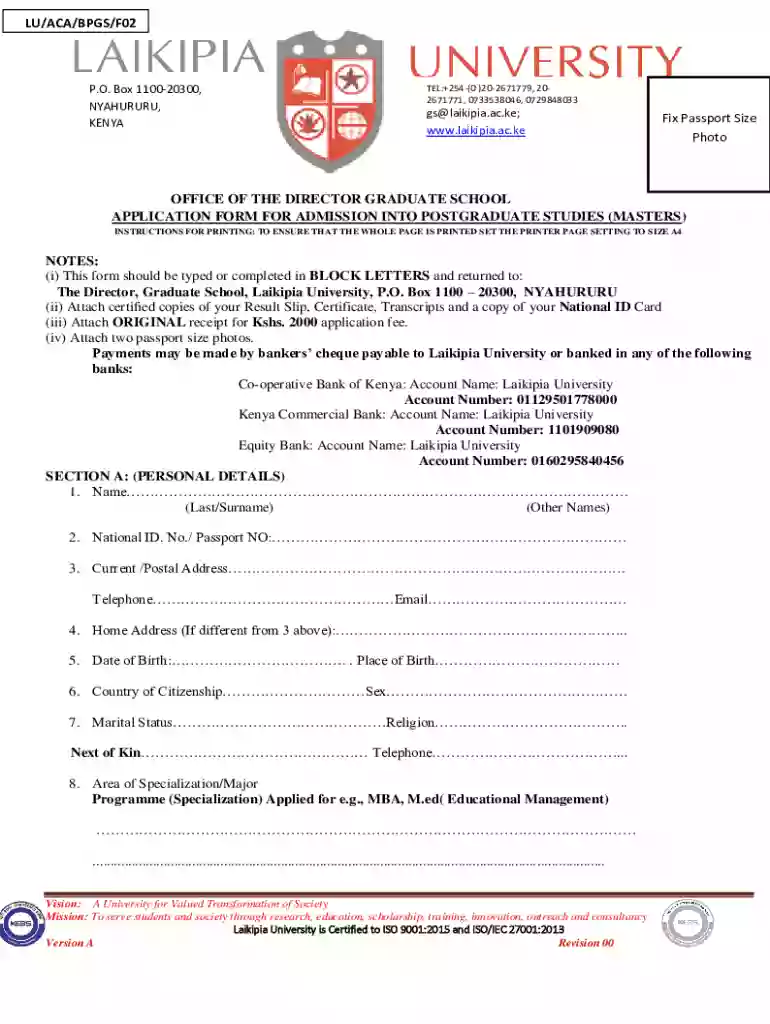 Laikipia University Postgraduate Application Form Preview on Page 1