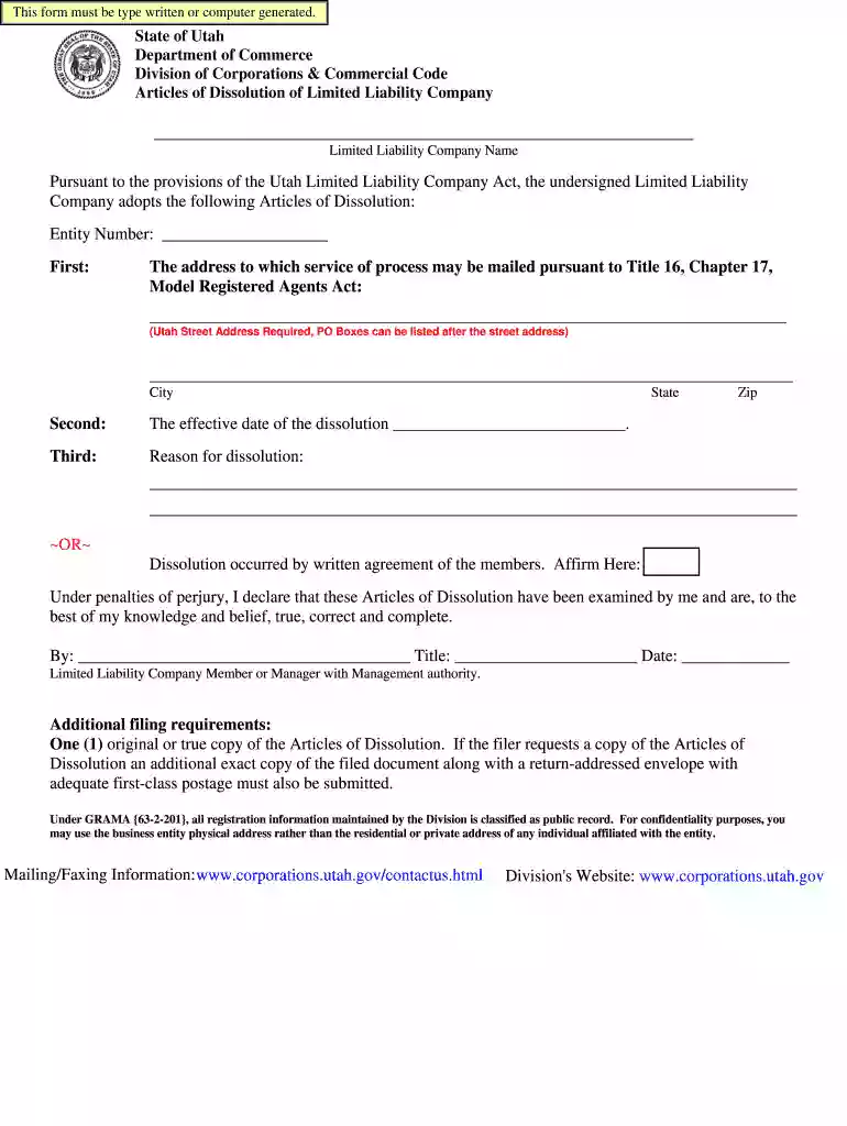 utah llc dissolution form Preview on Page 1