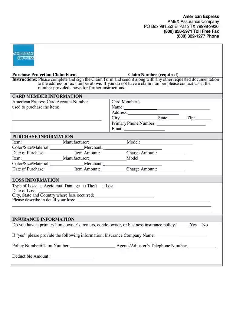 american express claim form Preview on Page 1
