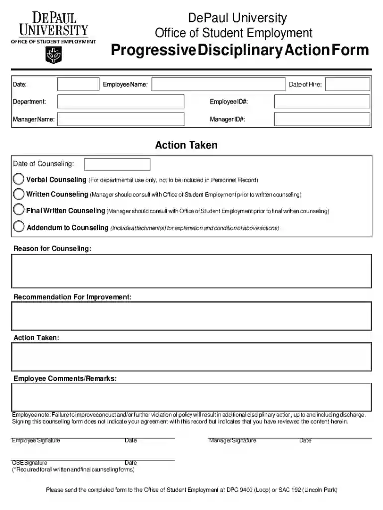 DePaul University Progressive Disciplinary Action Form Preview on Page 1