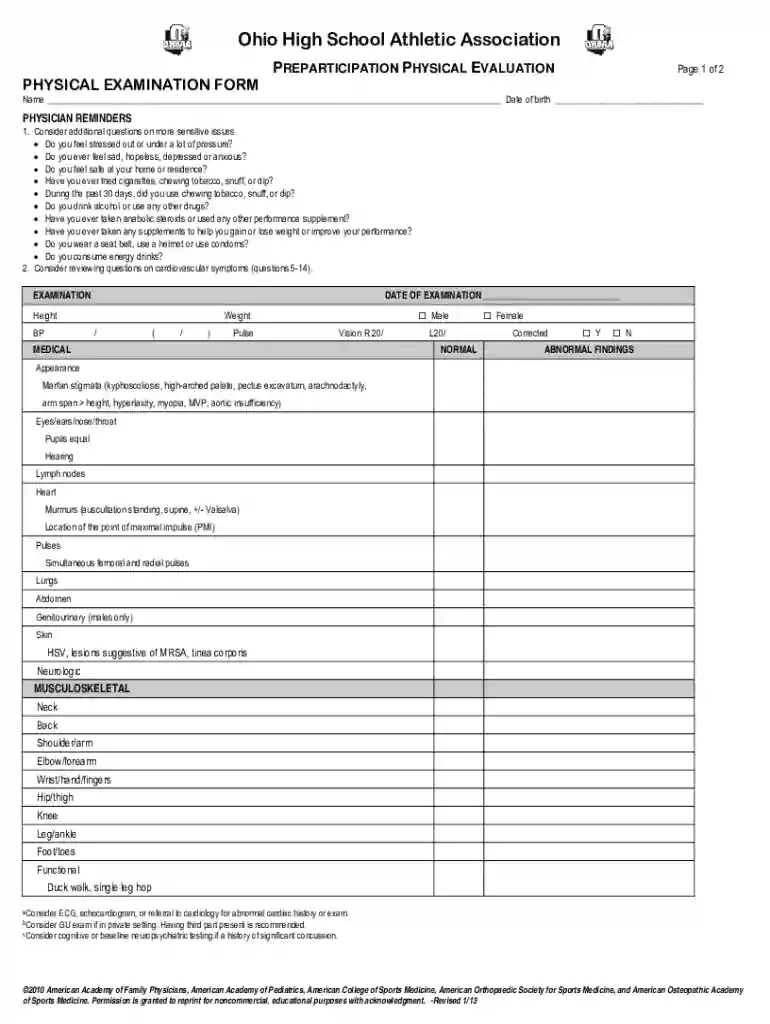 Pre-Participation Physical Exam Form - Ohio High School Preview on Page 1