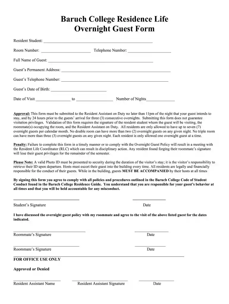 baruch overnight guest form Preview on Page 1