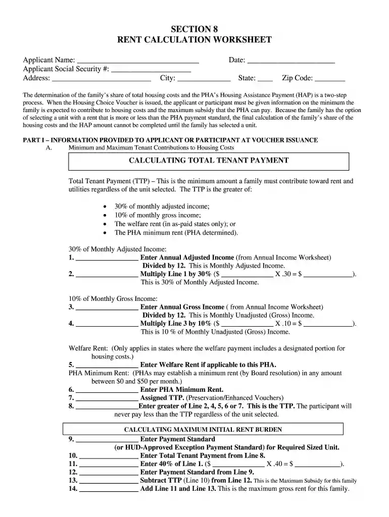 section 8 rent calculation worksheet Preview on Page 1
