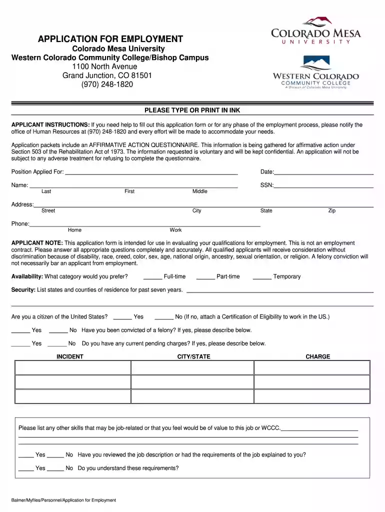 APPLICATION FOR EMPLOYMENT - Colorado Mesa University - coloradomesa Preview on Page 1