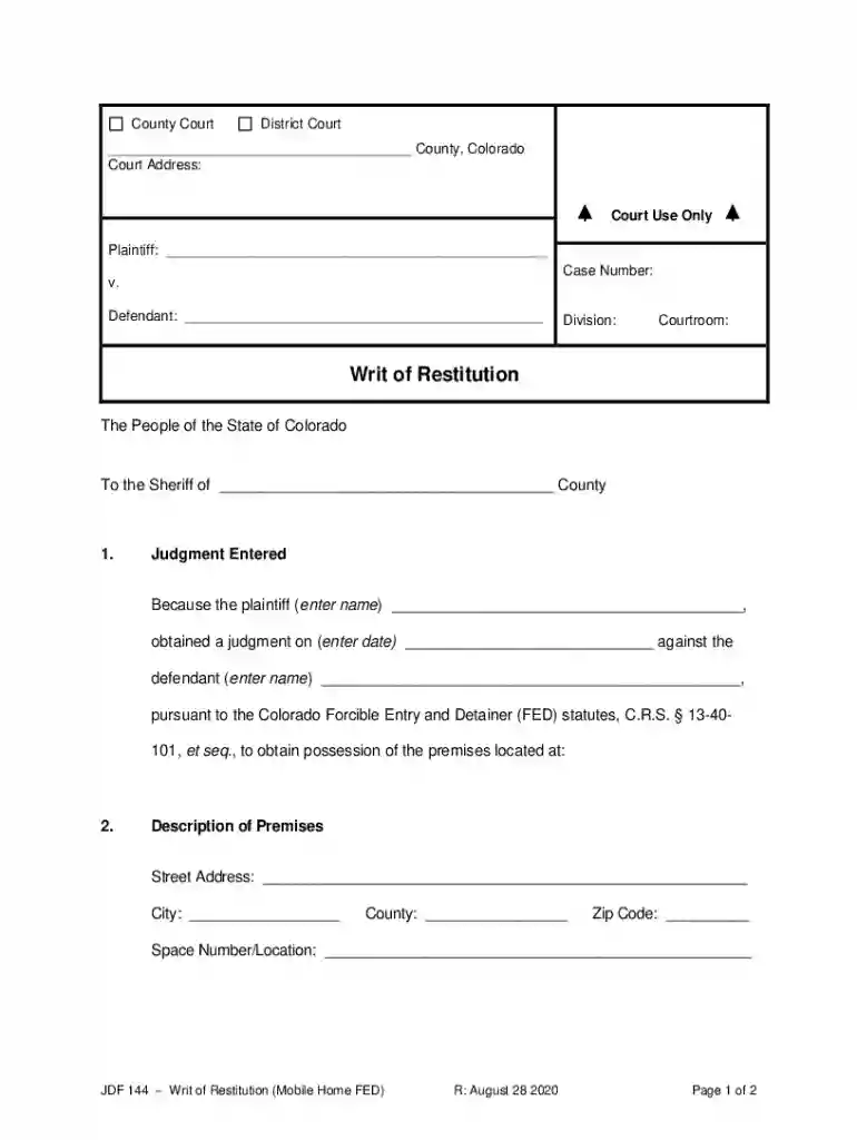 writ of restitution Preview on Page 1
