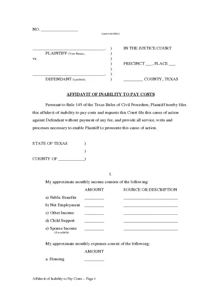 affidavit of inability to pay Preview on Page 1
