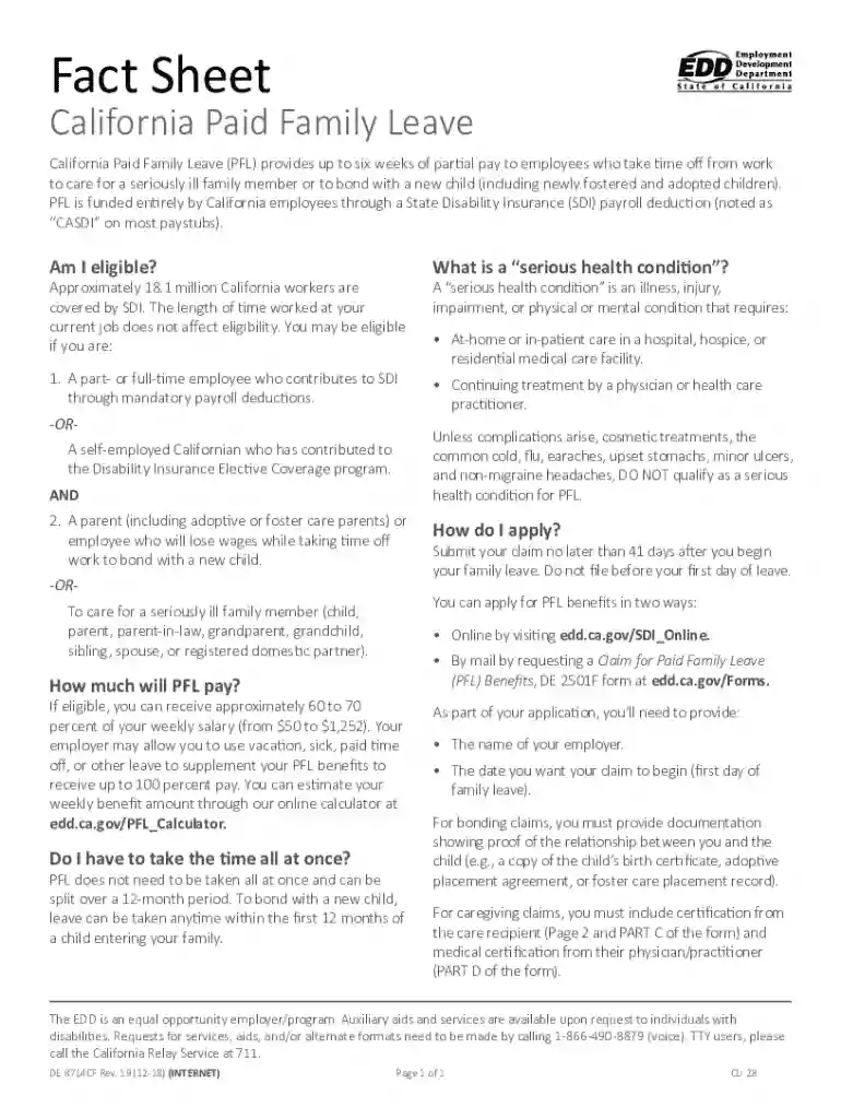 California Paid Family Leave Fact Sheet Preview on Page 1