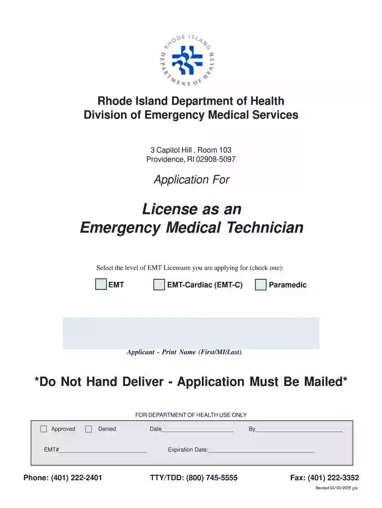 EMT application - Department of Health - RI - health ri Preview on Page 1