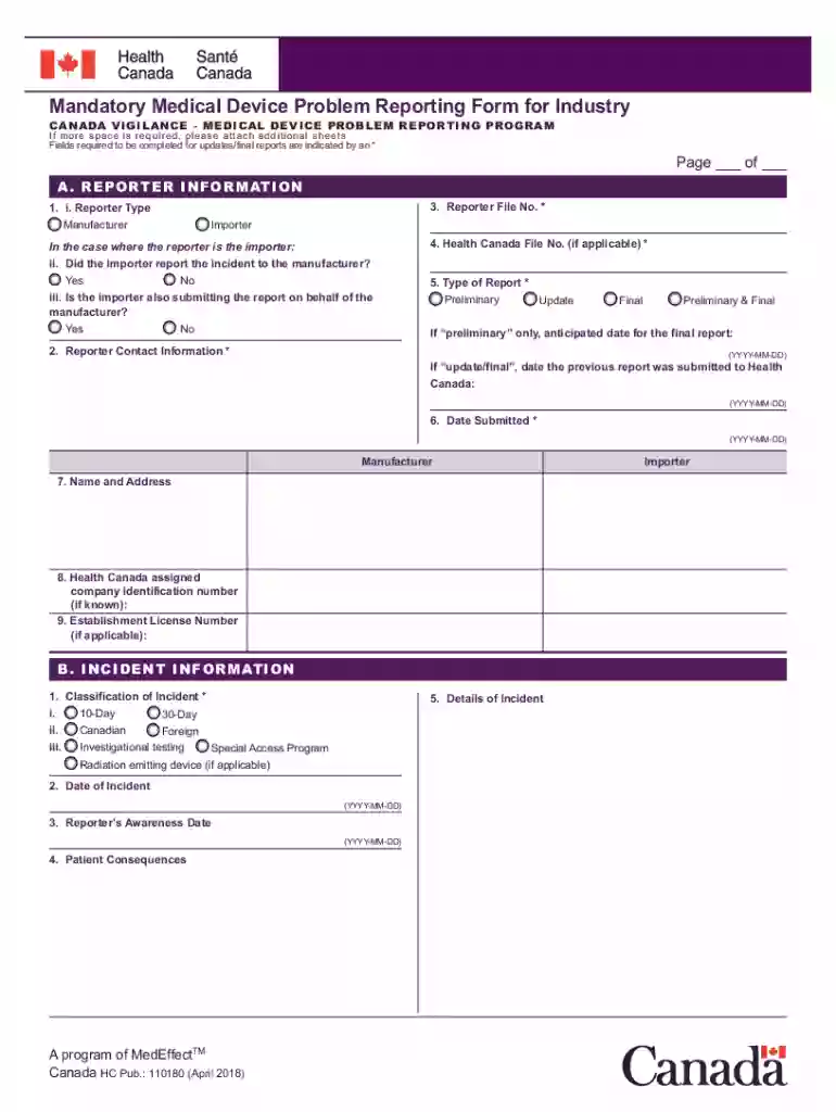 Mandatory Medical Device Problem Reporting Form for Industry Preview on Page 1