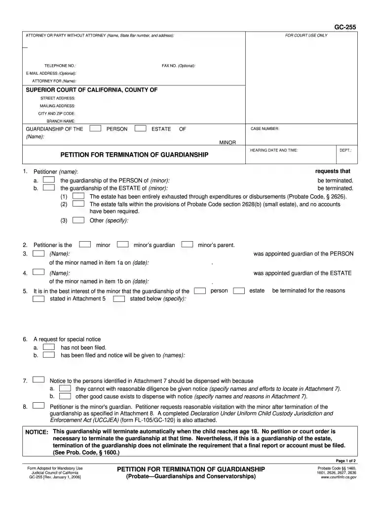 form gc 255 petition for termination of guardianship Preview on Page 1