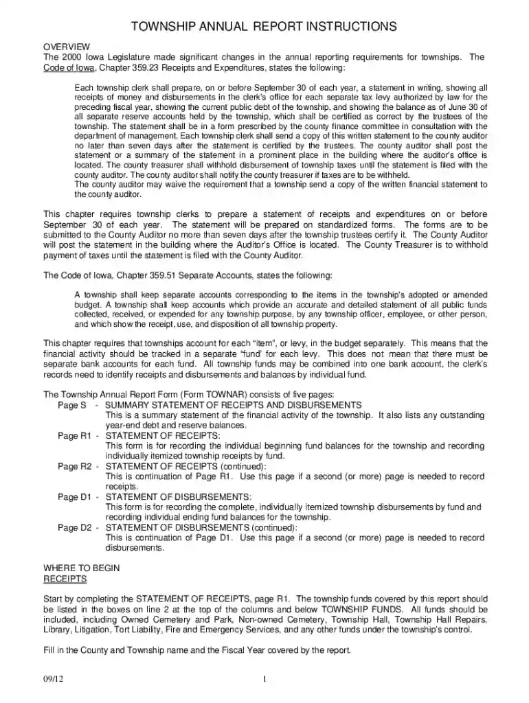 Township Annual Report Instructions and Annual Report Form Preview on Page 1