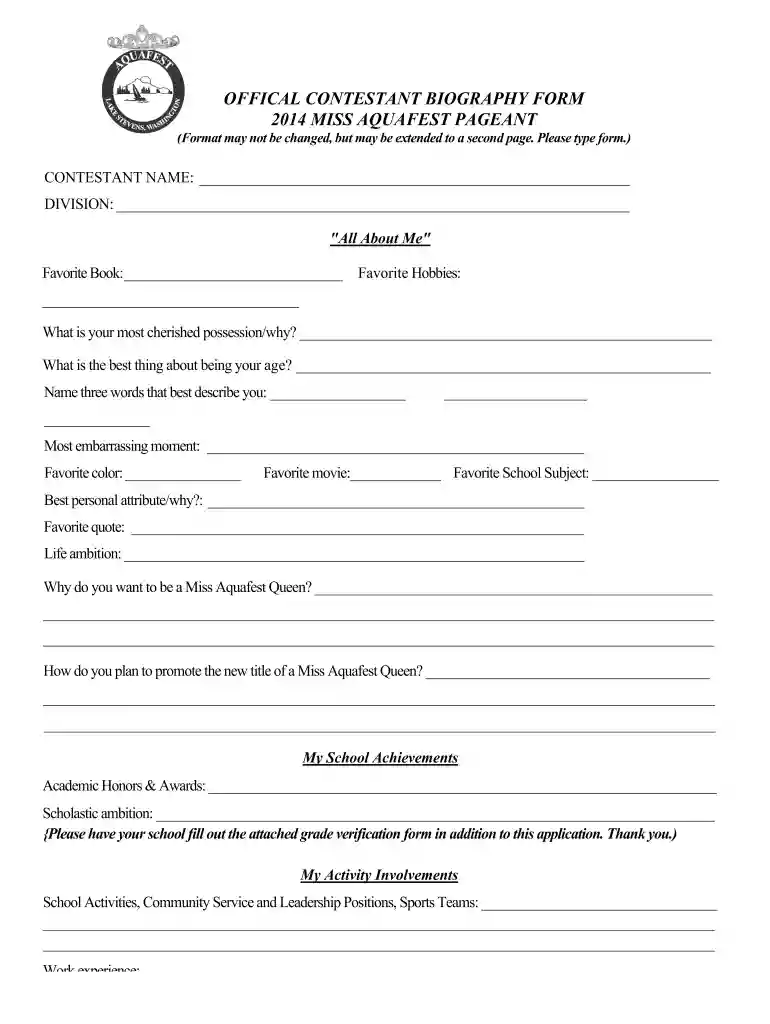 pageant bio template Preview on Page 1