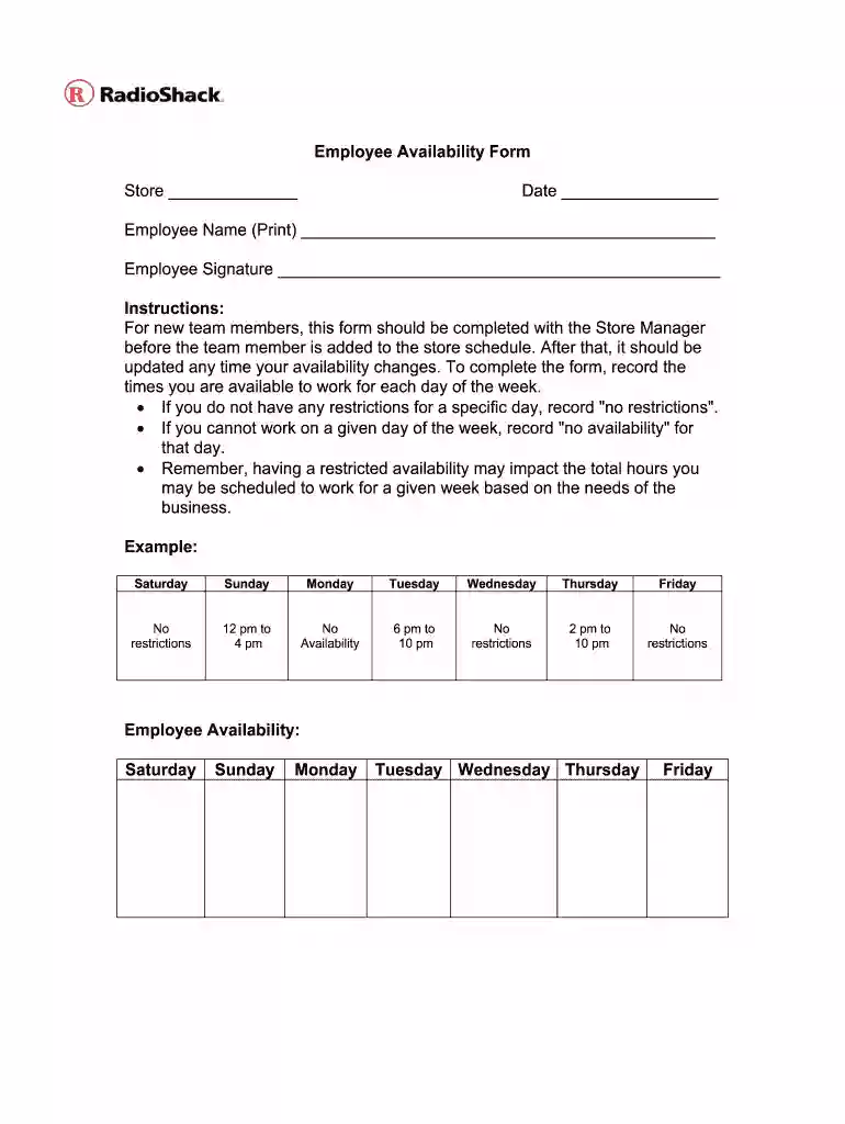employee availability form pdf Preview on Page 1