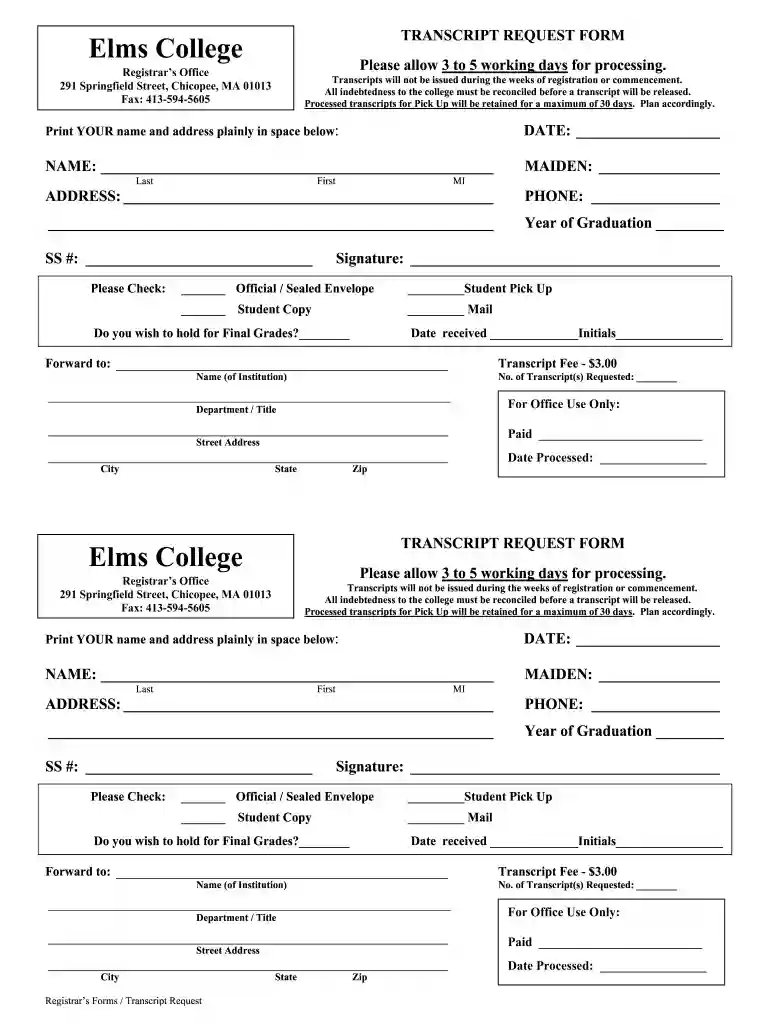 elms college transcript request Preview on Page 1