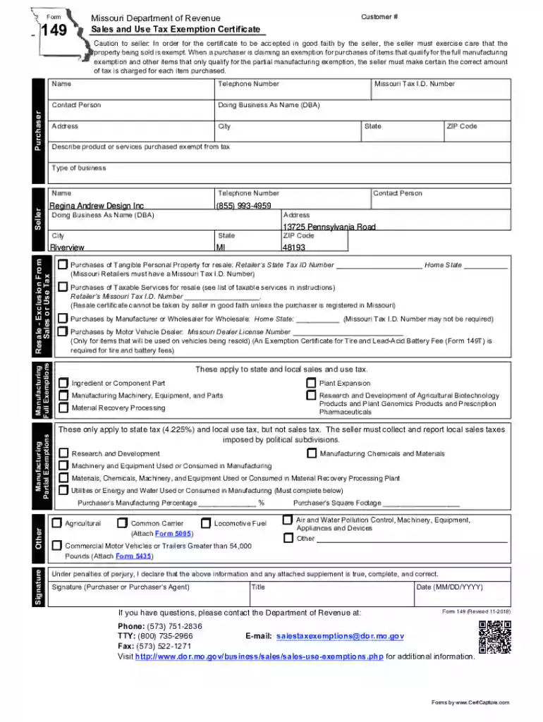 Form 149 Sales and Use Tax Exemption Certificate Preview on Page 1