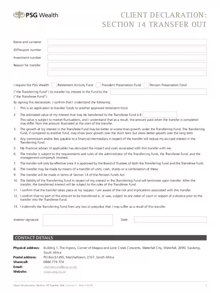 ZA PSG Wealth Client Declaration: Section 14 Transfer Out ... Preview on Page 1