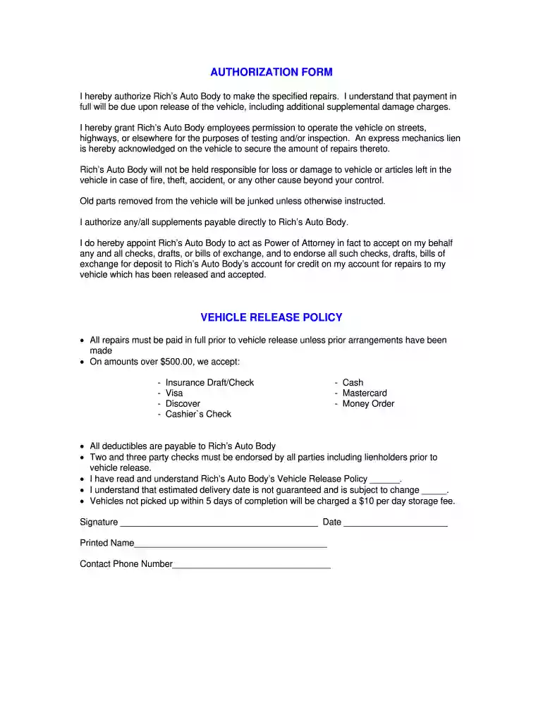 auto body shop vehicle release form Preview on Page 1
