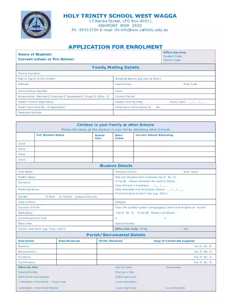 Enrolment Form - Holy Trinity Primary School - Wagga Wagga Preview on Page 1