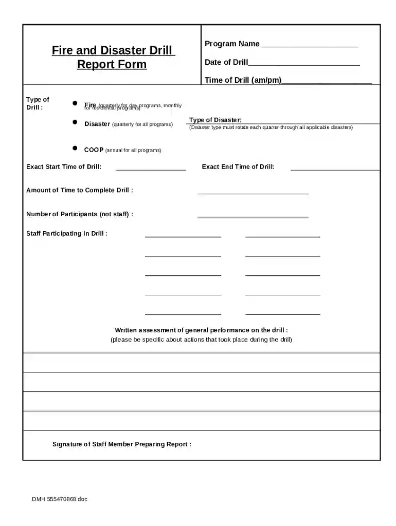 Fire and Disater Drill Form Preview on Page 1