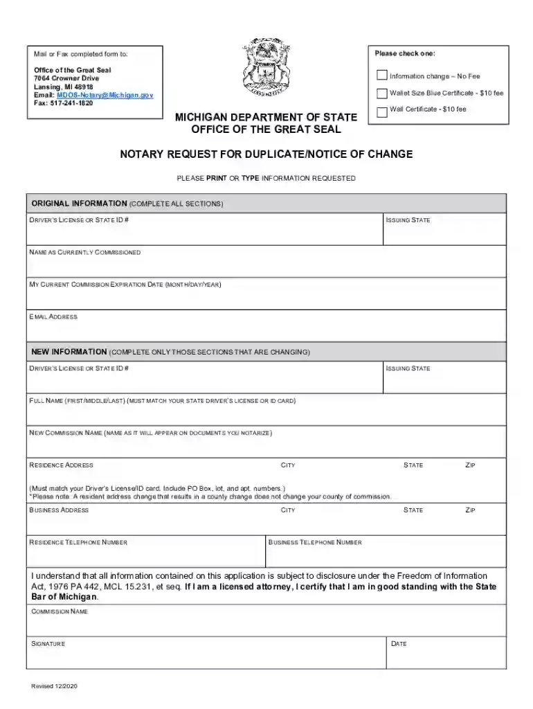 Michigan Notary Public: Request for Duplicate Notice of Preview on Page 1