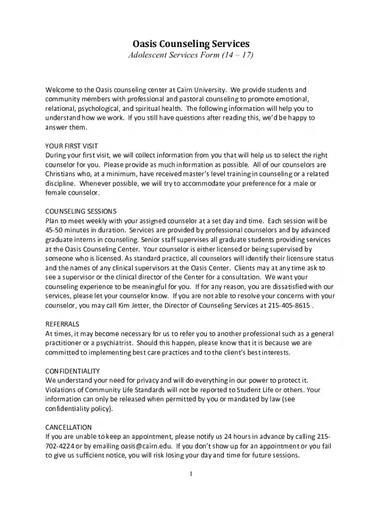 Cairn University Adolescent Intake Form (14 17) Preview on Page 1